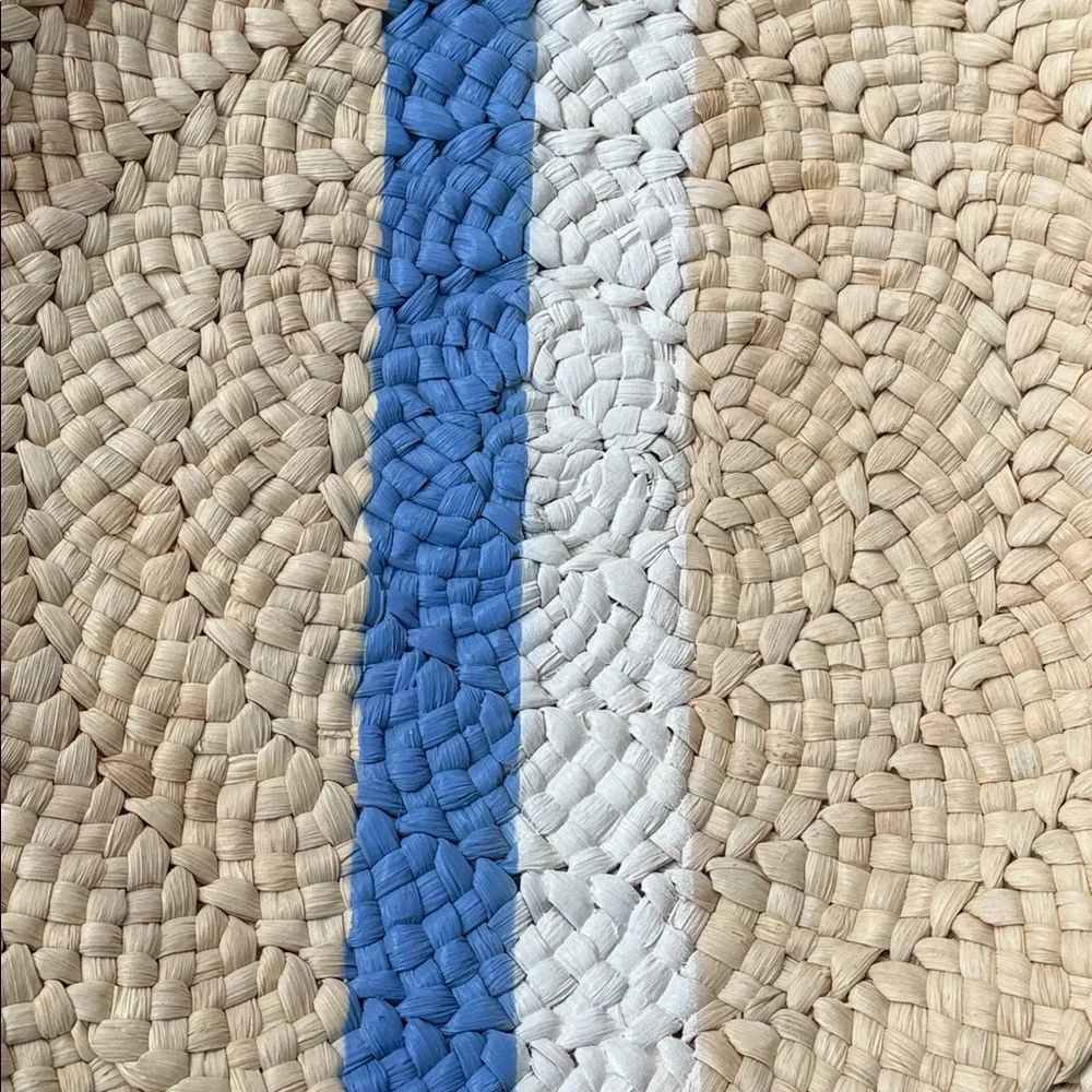 Vineyard Vines Woven Straw Round Tote Natural w/Deep Bay Sky Blue & White Stripe - Picture 5 of 8